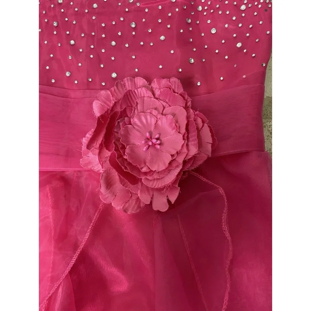 iEFIEL Girls Fuchsia Pink Rhinestone Organza Flower Dress size 10